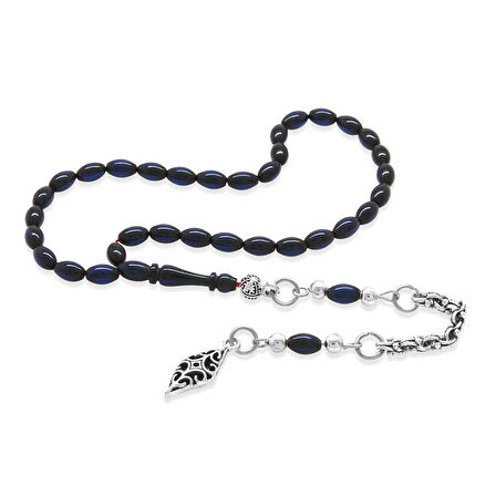 Sıkma Kehribar Tesbih - Kararmaz Metal Arnavut Püsküllü - Bilek Boy - Lacivert Renk - Arpa Kesim