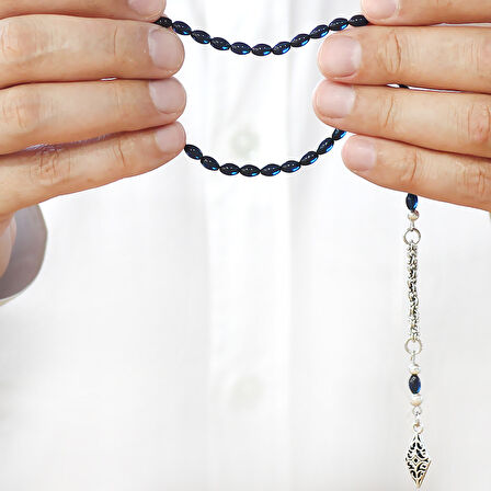 Sıkma Kehribar Tesbih - Kararmaz Metal Arnavut Püsküllü - Bilek Boy - Lacivert Renk - Arpa Kesim