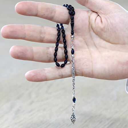 Sıkma Kehribar Tesbih - Kararmaz Metal Arnavut Püsküllü - Bilek Boy - Lacivert Renk - Arpa Kesim