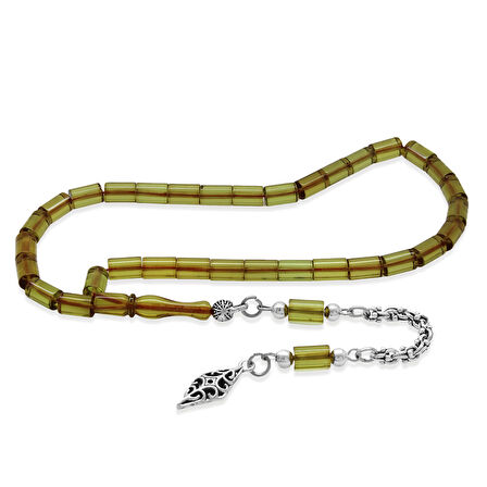 Ateş Kehribar Tesbih - Kararmaz Metal Arnavut Püsküllü - Bilek Boy - Ihlamur Sarısı - Kesme Kesim