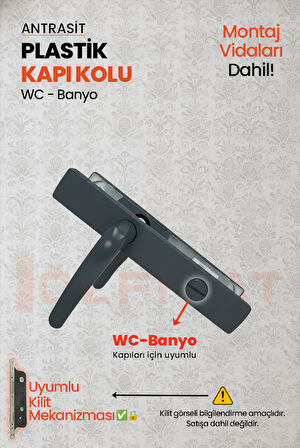 PVC Pimapen Plastik Banyo, Tuvalet, WC Kapı Kolu – Antrasit –  (40 Takım / 1 Koli)