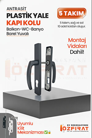 PVC Pimapen Plastik Yale Kapı Kolu – Balkon, Tuvalet (WC), Banyo İçin – Antrasit – (5 Takım)
