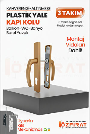 PVC Pimapen Plastik Yale Kapı Kolu – Balkon, Tuvalet (WC), Banyo – Kahverengi/Altınmeşe – (3 Takım)