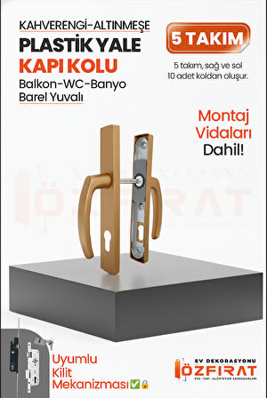 PVC Pimapen Plastik Yale Kapı Kolu – Balkon, Tuvalet (WC), Banyo – Kahverengi/Altınmeşe – (5 Takım)