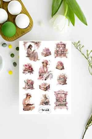 Pink Victorian Reading ŞEFFAF Sticker Scrapbook Ajanda Journal Bullet Planner Telefon