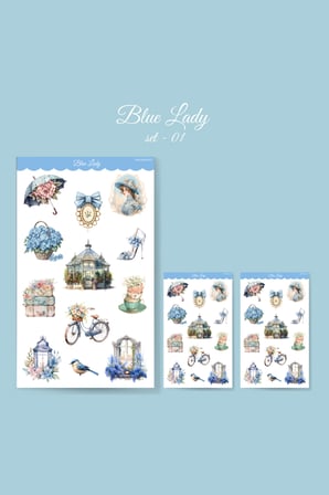 Blue Lady -12 Parçalı - Vintage Mavi Sticker Set -3 ADET- Mat Kağıt