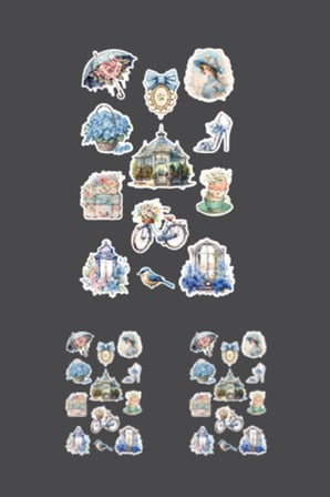 Blue Lady -12 Parçalı - Vintage Mavi Sticker Set -3 ADET- Mat Kağıt