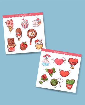 Aşk - Sevgililer günü Parlak kağıt sticker set- 14 şubat sticker - hediye süsleme çıkartmaları- 2 li Set