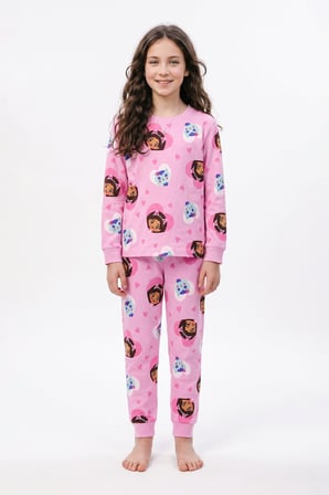 Kız Çocuk Uzun Kol Pembe Renk Kedi Kız Desenli Pijama Takımı 