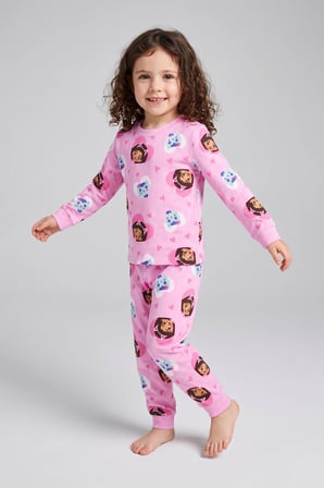 Kız Çocuk Uzun Kol Pembe Renk Kedi Kız Desenli Pijama Takımı 