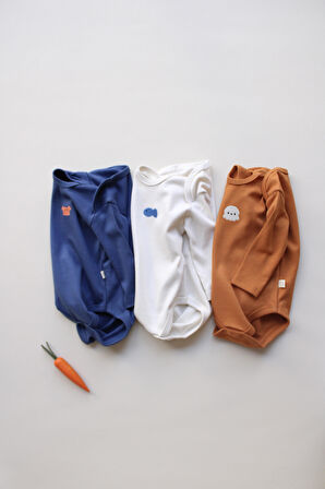 3lü Nakışlı Çıt Çıtlı Uzun Kollu Body Zıbın Set Model 4