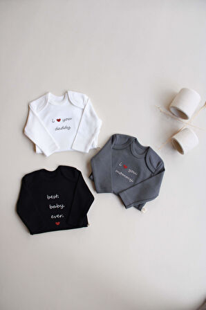 3lü Nakışlı Çıt Çıtlı Uzun Kollu Body Zıbın Set Model 7