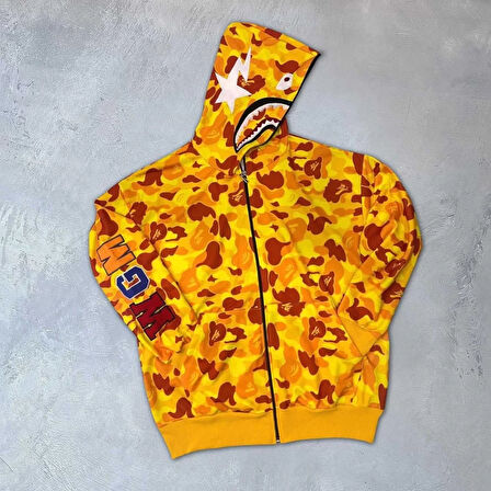 Unisex 2 İplik Bape Kapüşonu Fermuarlı Hırka - Sarı