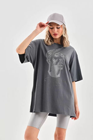 Unisex Taş Desenli Oversize T-Shirt - Füme