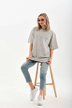 Unisex Taş Desenli Oversize T-Shirt - Gri