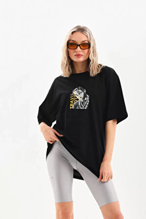 Unisex Baskılı Oversize T-Shirt - Siyah