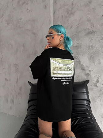 Unisex Baskılı Oversize T-Shirt - Siyah