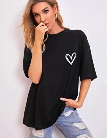 Kadın Bisiklet Yaka Baskılı Oversize T-Shirt - Siyah