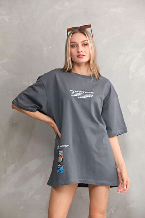 Unisex Bisiklet Yaka Baskılı Oversize T-Shirt - Gri