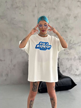 Unisex Bisiklet Yaka Baskılı Oversize T-Shirt - Beyaz