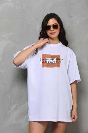 Unisex Bisiklet Yaka Baskılı Oversize T-Shirt - Beyaz