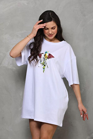 Unisex Bisiklet Yaka Baskılı Oversize T-Shirt - Beyaz