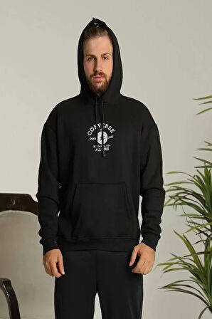 Unisex Kapüşonlu Üç İplik Oversize Baskılı Sweatshirt - Siyah