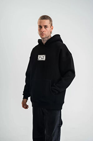 Unisex Kapşonlu Uzun Kol Patchli Nakışlı SweatShirt - Siyah