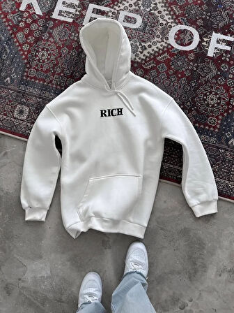 Uzun Kol Kapşonlu Göğüs Baskılı SweatShirt - Beyaz