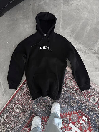 Uzun Kol Kapşonlu Göğüs Baskılı SweatShirt - Siyah