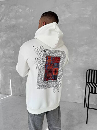 Uzun Kol Kapşonlu Ön Ve Arka Baskılı SweatShirt - Beyaz
