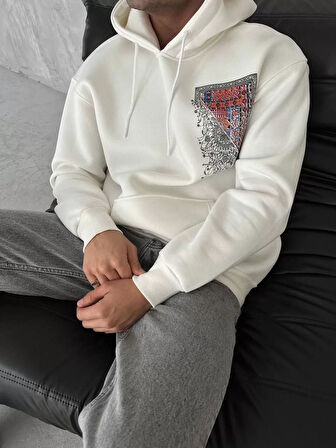Uzun Kol Kapşonlu Ön Ve Arka Baskılı SweatShirt - Beyaz