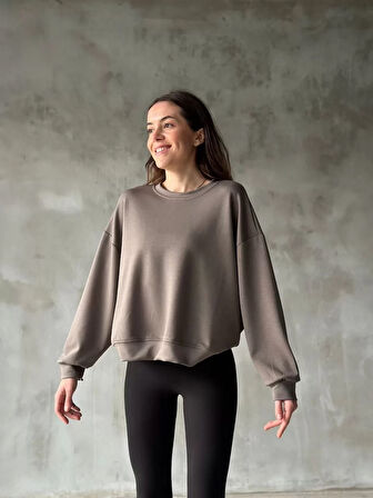 Osy Modal Yumuşak dokulu Kumaş Bisiklet Yaka Oversize Sweatshirt - Gri