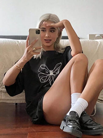 Kadın Baskılı Oversize T-shirt - Siyah