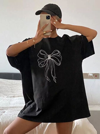 Kadın Baskılı Oversize T-shirt - Siyah