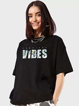 Kadın Baskılı Oversize T-shirt - Siyah
