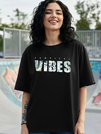 Kadın Baskılı Oversize T-shirt - Siyah
