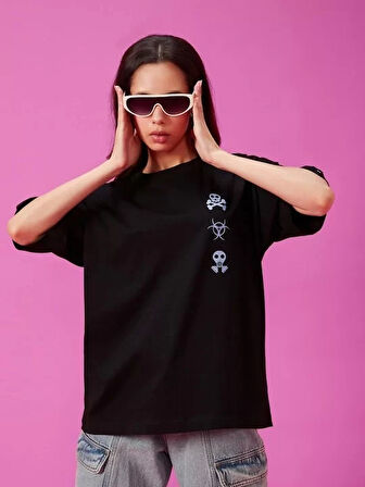 Kadın Baskılı Oversize T-shirt - Siyah