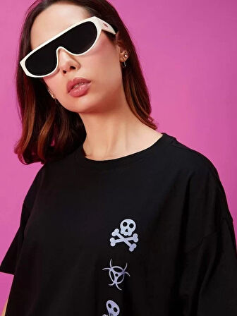 Kadın Baskılı Oversize T-shirt - Siyah