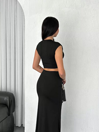 Osy Modal Yumuşak Dokulu Kumaş  Büzgülü Crop Etek Takım - Siyah