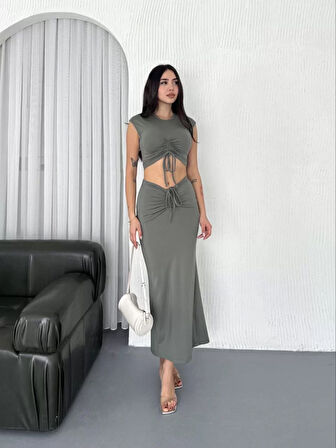 Osy Modal Yumuşak Dokulu Kumaş Büzgülü Crop Etek Takım - Mint yeşili