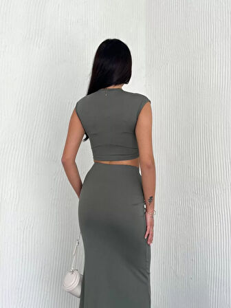 Osy Modal Yumuşak Dokulu Kumaş Büzgülü Crop Etek Takım - Mint yeşili