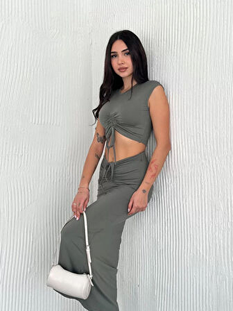 Osy Modal Yumuşak Dokulu Kumaş Büzgülü Crop Etek Takım - Mint yeşili