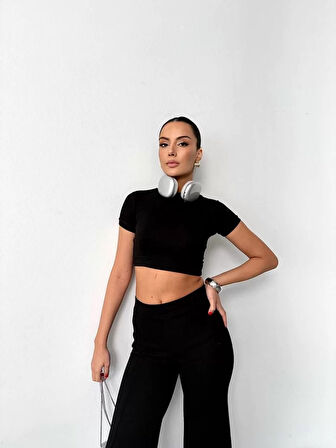Osy Modal Yumuşak Dokulu Kumaş Kısa Kollu Crop Alt ispanyol Paça Pantalon ikili Takım - Siyah
