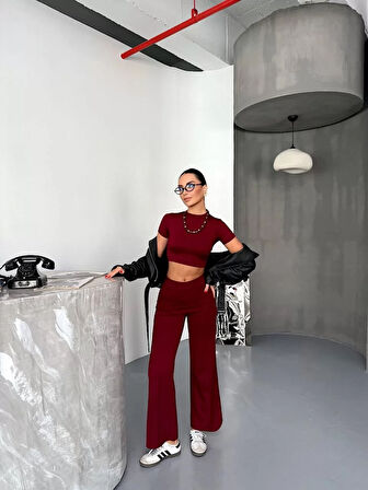 Osy Modal Yumuşak Dokulu Kumaş Kısa Kollu Crop Alt ispanyol Paça Pantalon ikili Takım - Bordo
