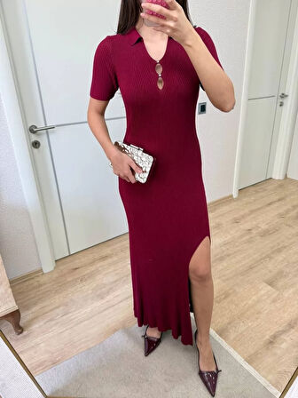Yakalı Fitilli Kısa kollu Uzun Triko Elbise - Bordo
