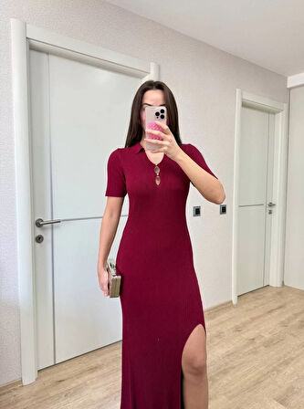 Yakalı Fitilli Kısa kollu Uzun Triko Elbise - Bordo