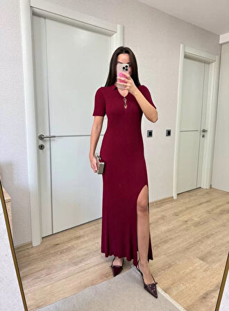 Yakalı Fitilli Kısa kollu Uzun Triko Elbise - Bordo