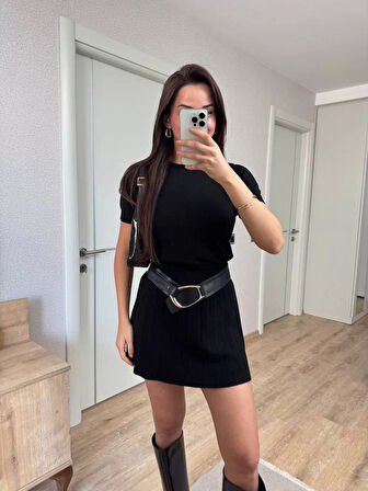 Kısa Kollu Bluz Mini Etekli ikili Takım Triko - Siyah