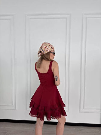 Fırfırlı Askılı Mini Elbise - Bordo